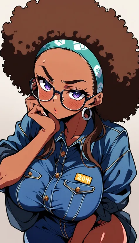 beautiful adult black woman, 20th generation, dark skin, large breasts、big ass、glasses、forehead、afro、head band、ribbon、denim jump...