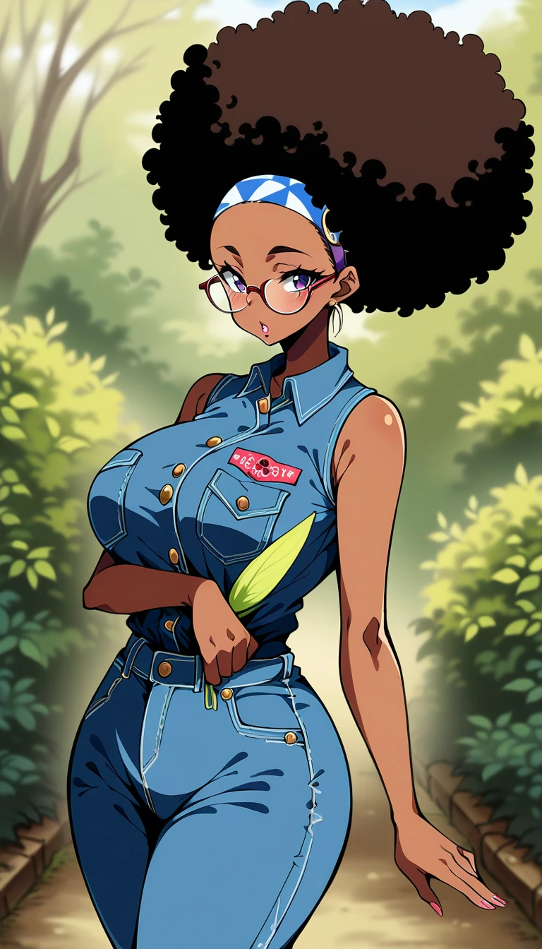 Beautiful adult black woman, 20th Generation, Dark Skin, Large Breasts、Big Ass、Glasses、Forehead、Afro、head band、ribbon、Denim jumpsuit