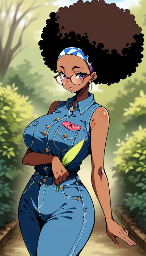 beautiful adult black woman, 20th generation, dark skin, large breasts、big ass、glasses、forehead、afro、head band、ribbon、denim jump...