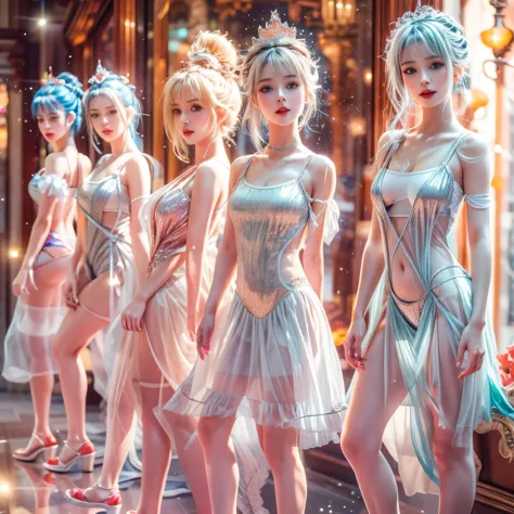 (graceful full body of extremely detailed((sexy princesses group in a row:1.37))), kawaii perfect face with reflective eyes, det...