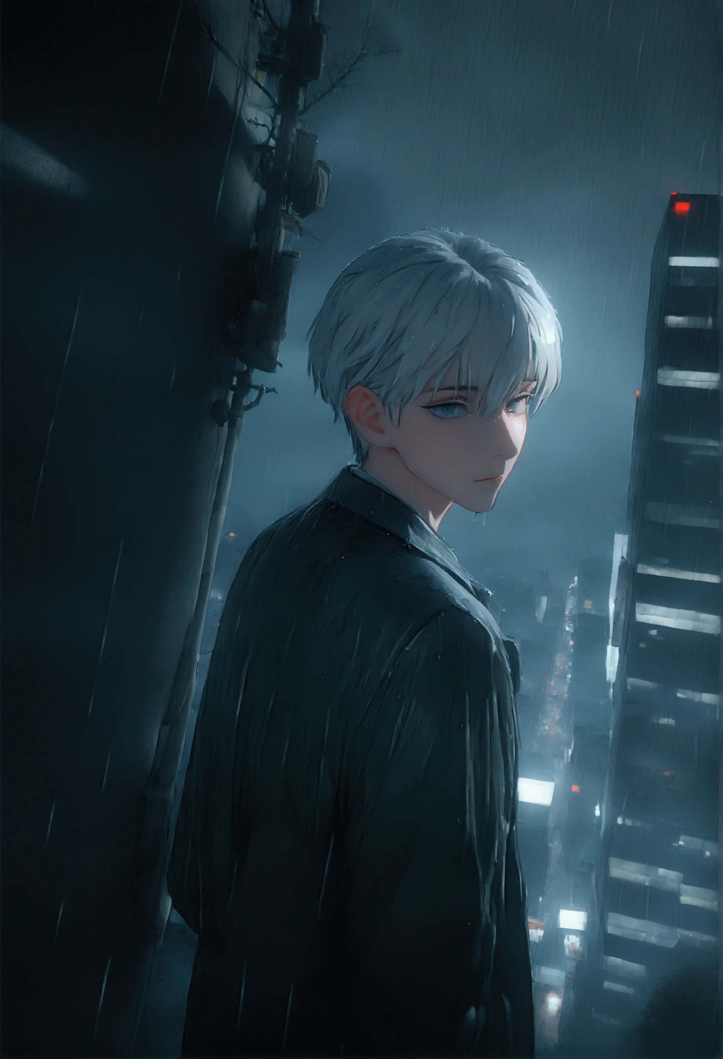  Ultra create,(8K, RAW photos, best quality, masterpiece: 1.4), (((Boy in the rain)))，Ultra-high resolution, Extremely detailed, light, handsome boy, black eyes, (delicate eyes, Eyes are bright:1.2), Gray short hair, Fair skin,dark,(perfect anatomy:1.2), High-quality shadows, Natural Lighting, (White highlights:1.2), night, rainy day, (Four-story residential building in green moses:1.2), (dystopian city in rain:1.2)