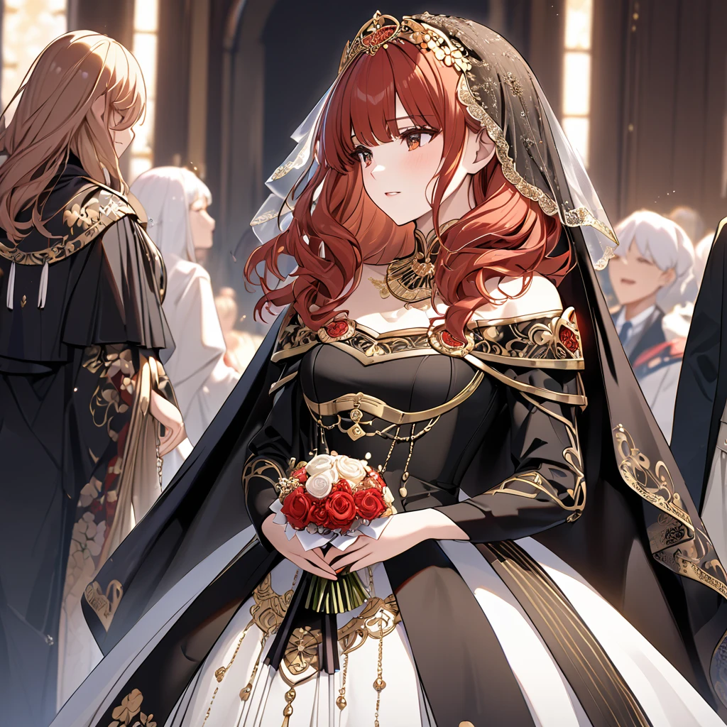 ((Highest quality)), ((masterpiece)), (detailed), （Perfect Face）、The woman who is getting married to the old, strong Emperor is a Celica with red hair.、The woman is wearing a black wedding dress with rich gold embroidery and trim, and a black wedding veil.