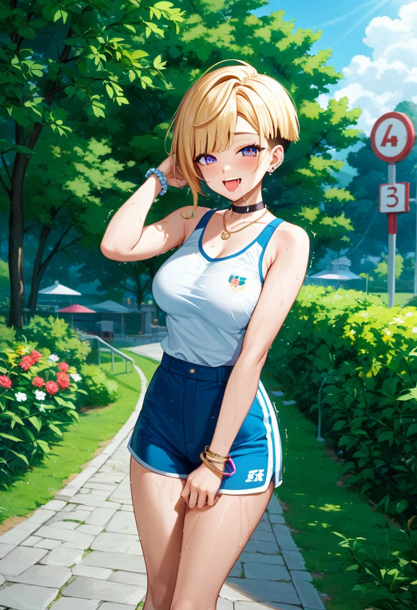 (Highest quality, 4K, 8k, High resolution, masterpiece:1.2), Very detailed, Picturesque, Anime style photo, Photo Anime:1.37)、a beautiful japanese girl、gyaru、blonde、pixie cut、black choker、pierce、necklace、bracelet、ecstasy face、trembling、vapor、trembling、trembling、Sweat、Drooling、Sweat、track and field athlete