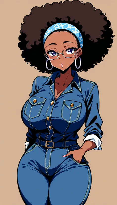 beautiful adult black woman, 20th generation, dark skin, large breasts、big ass、voluptuous、glasses、forehead、afro、head band、ribbon...