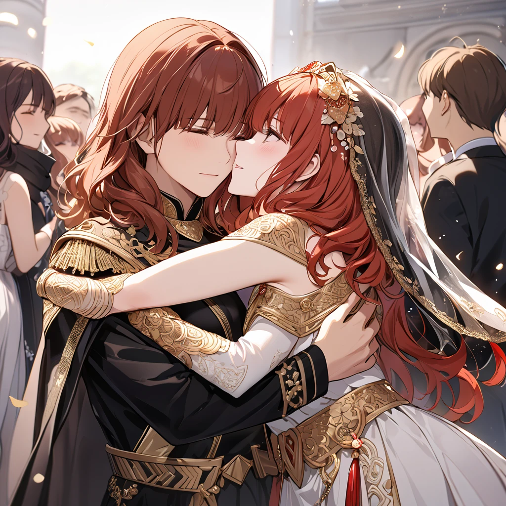 ((Highest quality)), ((masterpiece)), (detailed), （Perfect Face）、The woman embracing the old, strong Emperor and celebrating their wedding is Celica, with red hair.、The woman is wearing a black wedding dress with rich gold embroidery and trim, and a black wedding veil.