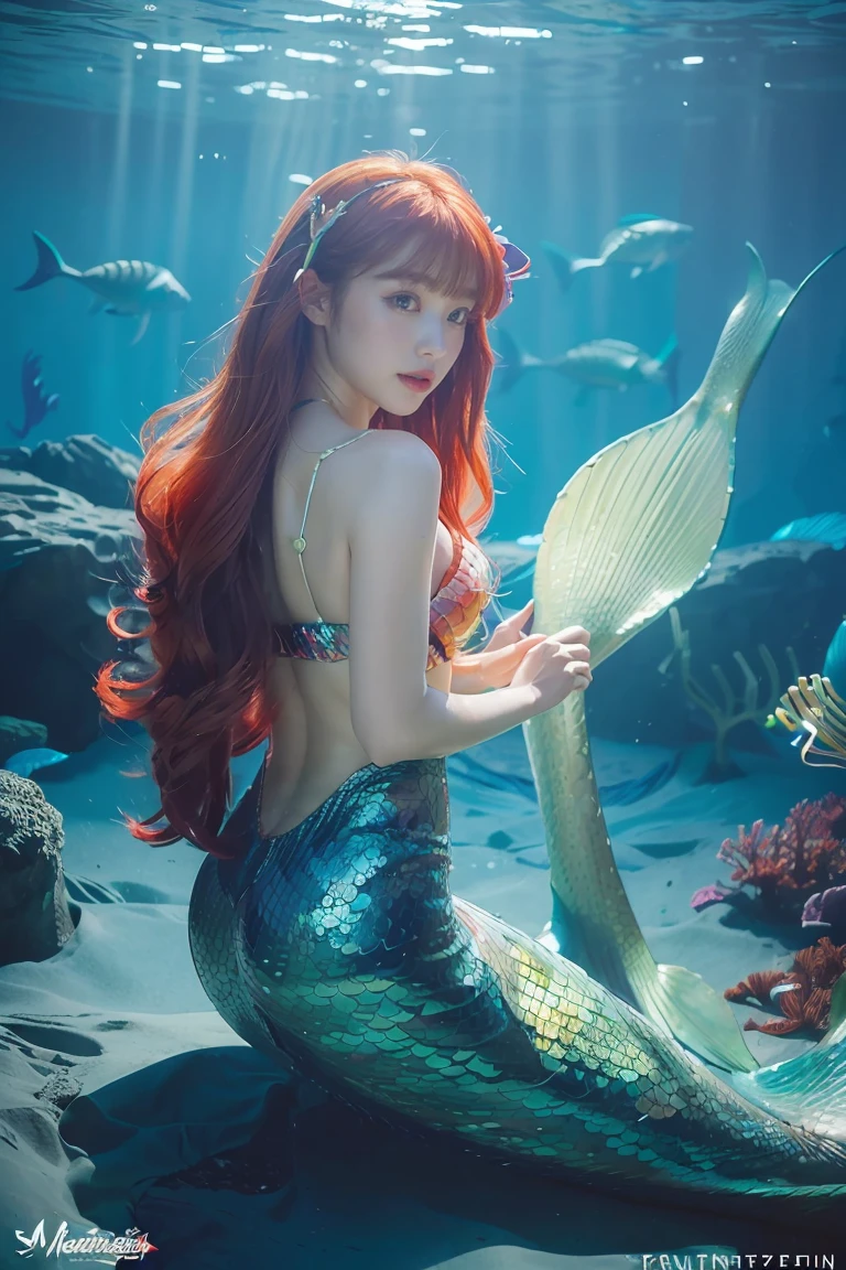 ((Masterpiece, best quality, very detailed), Volumetric light, surrounding occlusion, colorful, glow), 1 girl, alone, young girl, (red hair), long hair, goddess, cybersuits, (Mermaid design:1.3), coral, under the sea, castle, Atlantis,  (Cyberpunk theme:1.2), (((The Little Mermaid))). Ariel, 