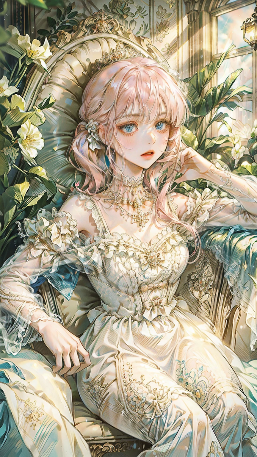 ((best quality)), ((masterpiece)), ((Romance Fantasy)), ((illustration)), (detailed), (clear), (Perfect), 1 woman, mature, pure, expressionless, Long pink hair tied into two pigtails, With bangs, white skin, Sapphire blue eyes, abundant eyelashes, Deep double eyelids, pretty lips, big bust, small waist, Diamond necklace, White dress with lace, Sitting on a fancy chair, Sunlight coming through the window