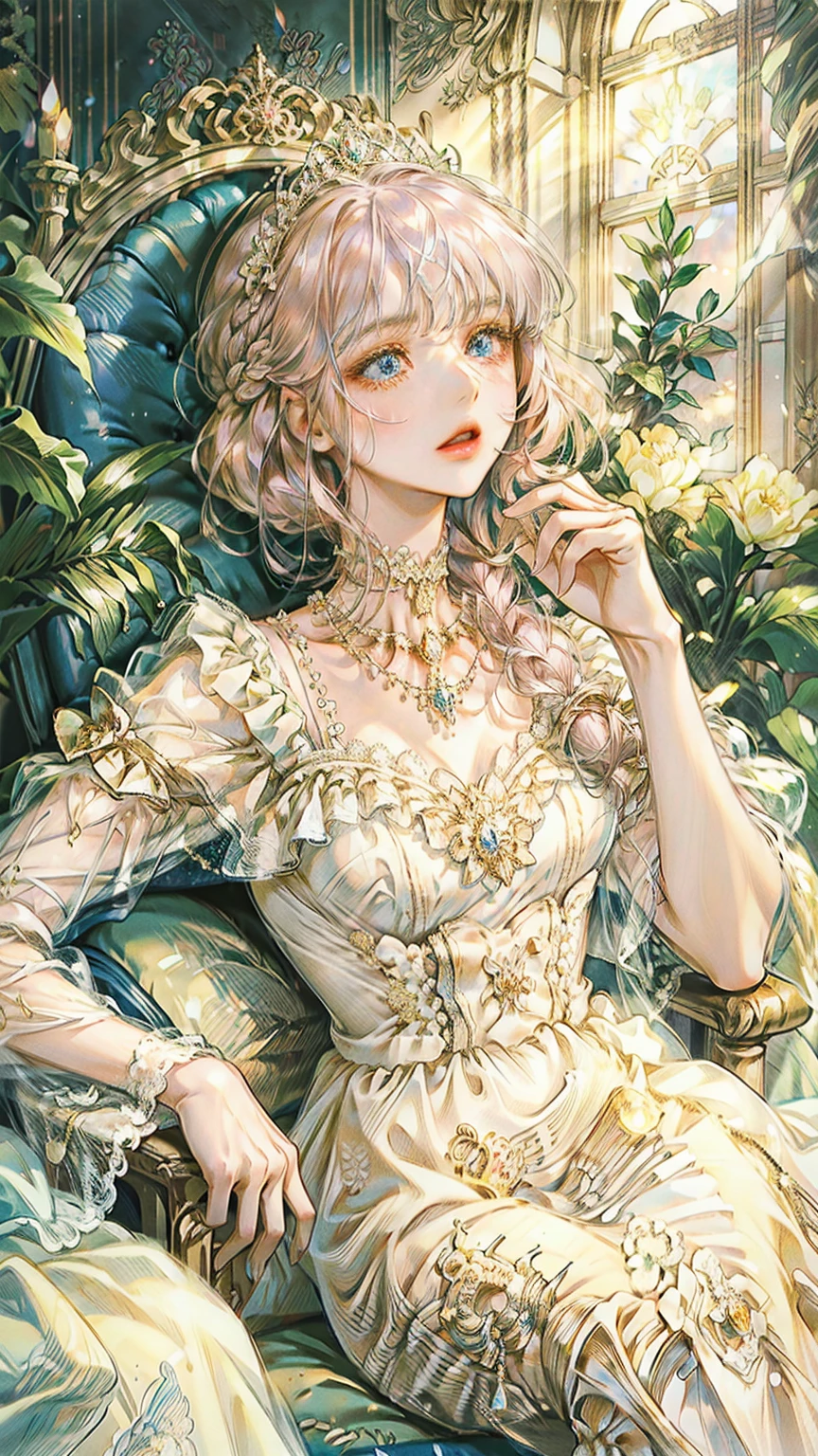 ((best quality)), ((masterpiece)), ((Romance Fantasy)), ((illustration)), (detailed), (clear), (Perfect), 1 woman, mature, pure, expressionless, Long pink braided hair, With bangs, white skin, Sapphire blue eyes, abundant eyelashes, Deep double eyelids, pretty lips, big bust, small waist, Diamond necklace, diamond tiara, White dress with lace, Sitting on a fancy chair, Sunlight coming through the window