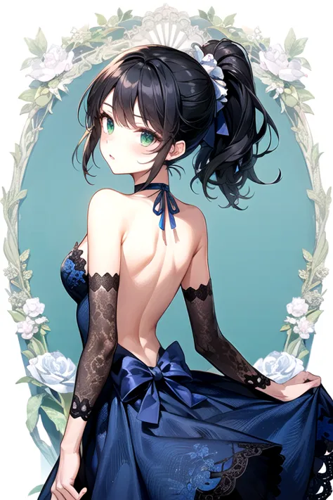 (highest quality)、(highest quality)、cute、(choker).eyes are emerald、(ponytail)、(black hair)、(backless dress).(navy blue lace dres...