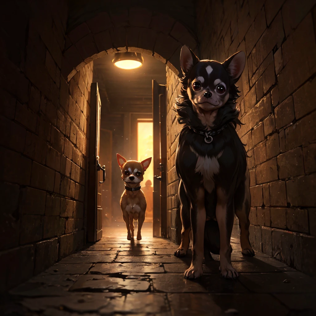 (8k, RAW Photo, Best Quality, Refined Details, Masterpiece: 1.2), (High Resolution 8k Wallpaper), Sharp Focus, Professional Lighting, Depth of Field, Cinematic Lighting, Background Blur, 3 Cerberus, a mythical creature with a face (all three faces are Chihuahua: 1.5), Cerberus' body has traditional black fur and is supposed to look muscular and powerful. The background should resemble a mysterious entrance to the underworld, with a dark and misty atmosphere. Each Chihuahua's face requires a different expression. Some look menacing, some curious, and the last look amused.