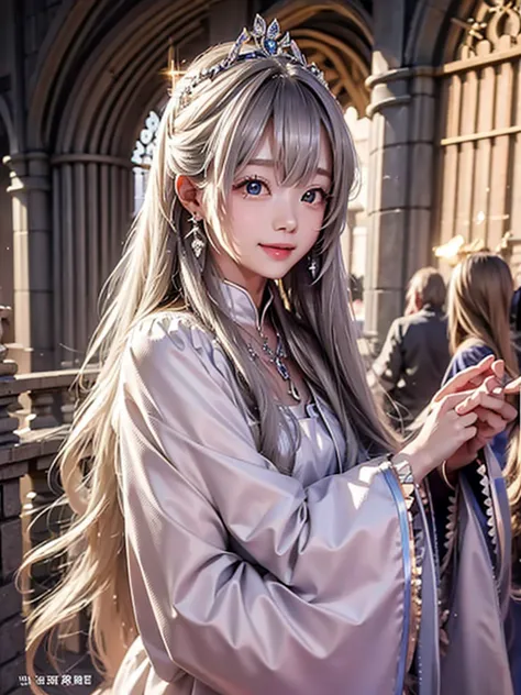 long hair, accessories, earrings, accurate, happiness/joy, angel halo, sparkle effect, angel silver hair,