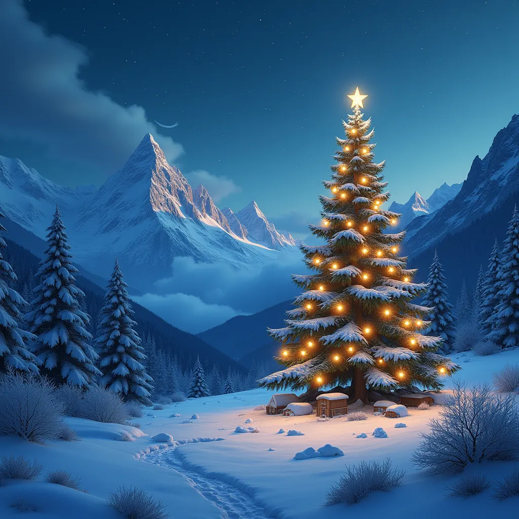 picture in winter landscape in the mountains at night with lots of snow, with decorated Christmas tree, very Christmassy atmosphere 