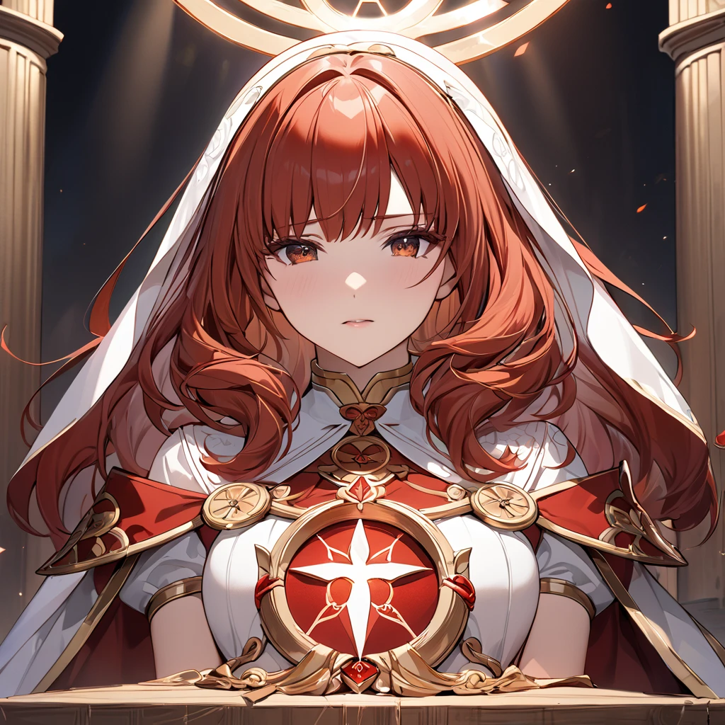 ((Highest quality)), ((masterpiece)), (detailed), （Perfect Face）The woman is a Celica with red hair.、The woman is offered as a sacrifice to the evil god on his altar.