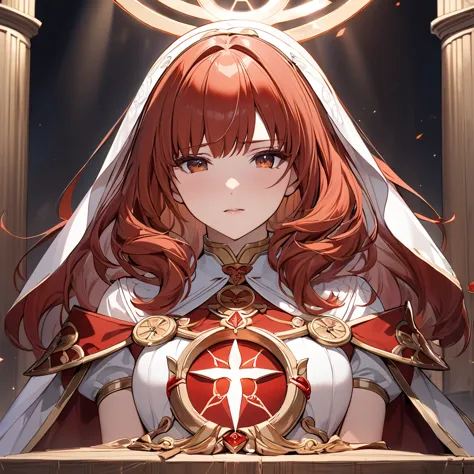 ((highest quality)), ((masterpiece)), (detailed), （perfect face）the woman is a celica with red hair.、the woman is offered as a s...