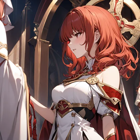 ((highest quality)), ((masterpiece)), (detailed), （perfect face）the woman is a celica with red hair.、the woman is offered as a s...