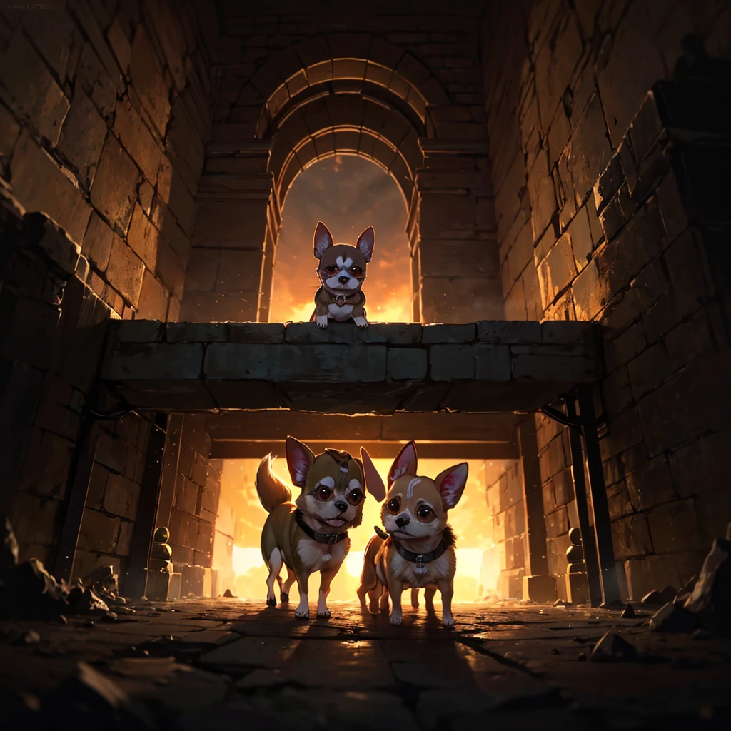 (8k, RAW Photo, Best Quality, Refined Details, Masterpiece: 1.2), (High Resolution 8k Wallpaper), Sharp Focus, Professional Lighting, Depth of Field, Cinematic Lighting, Background Blur, 3 Cerberus, a mythical creature with a face (all three faces are Chihuahua: 1.7), Cerberus' body has traditional black fur and is supposed to look muscular and powerful. The background should resemble a mysterious entrance to the underworld, with a dark and misty atmosphere. Each Chihuahua's face requires a different expression. Some look menacing, some curious, and the last look amused.