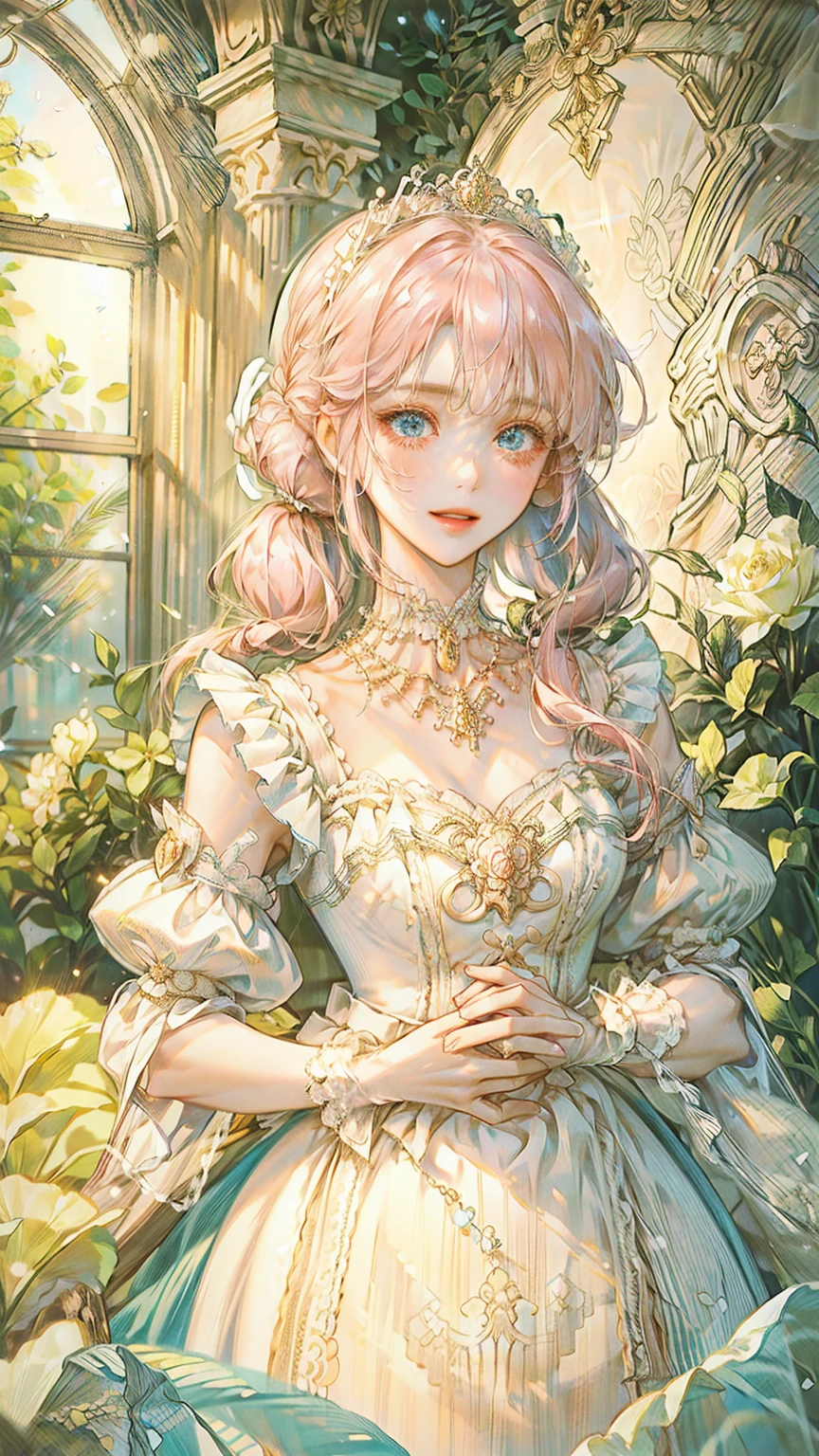 ((best quality)), ((masterpiece)), ((Romance Fantasy)), ((illustration)), (detailed), (clear), (Perfect), 1 woman, mature, pure, Smiling calmly, Long pink hair in pigtails, With bangs, white skin, Sapphire blue eyes, abundant eyelashes, Deep double eyelids, pretty lips, big bust, small waist, Diamond necklace, White dress with lace, Walking through the indoor garden, A garden background full of roses