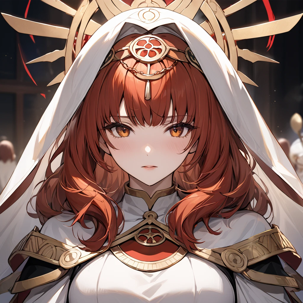 ((Highest quality)), ((masterpiece)), (detailed), （Perfect Face）The woman is a Celica with red hair.、The woman becomes a follower of the Douma cult, which worships the evil god.