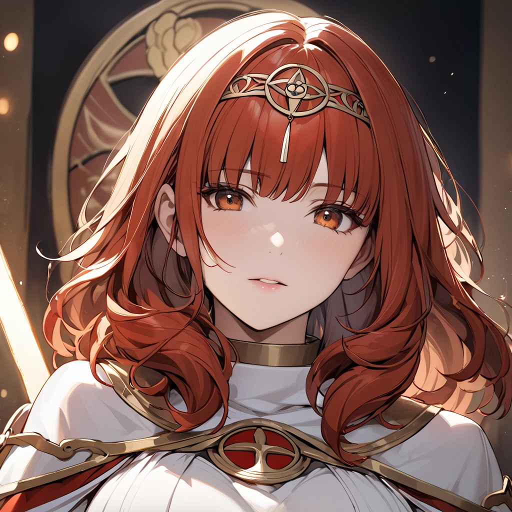 ((Highest quality)), ((masterpiece)), (detailed), （Perfect Face）The woman is a Celica with red hair.、The woman becomes a follower of the Douma cult, which worships the evil god.