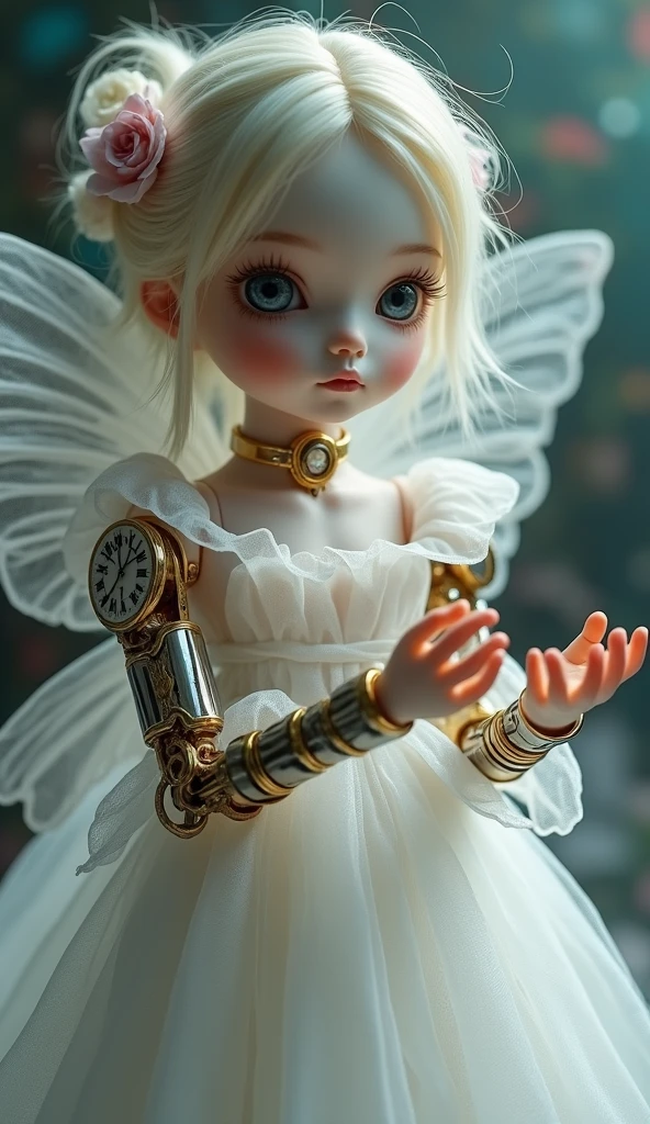 realistic porcelain doll, butterfly trick, transparent white dress, clockwork fairy, mechanical limbs, (Gabriel Pacheco&#39;s style page), DonMSt34mPXL, (Best Quality,4k,8k,High resolution,masterpiece:1.2),ultra detailed,(realist,photorealist,photo-realist:1.37),intricate details,exquisite craftsmanship,awesome lighting,vibrant colors,Dream fantasy,delicate features,Porcelain skin,fascinating eyes,elegant pose,ethereal atmosphere