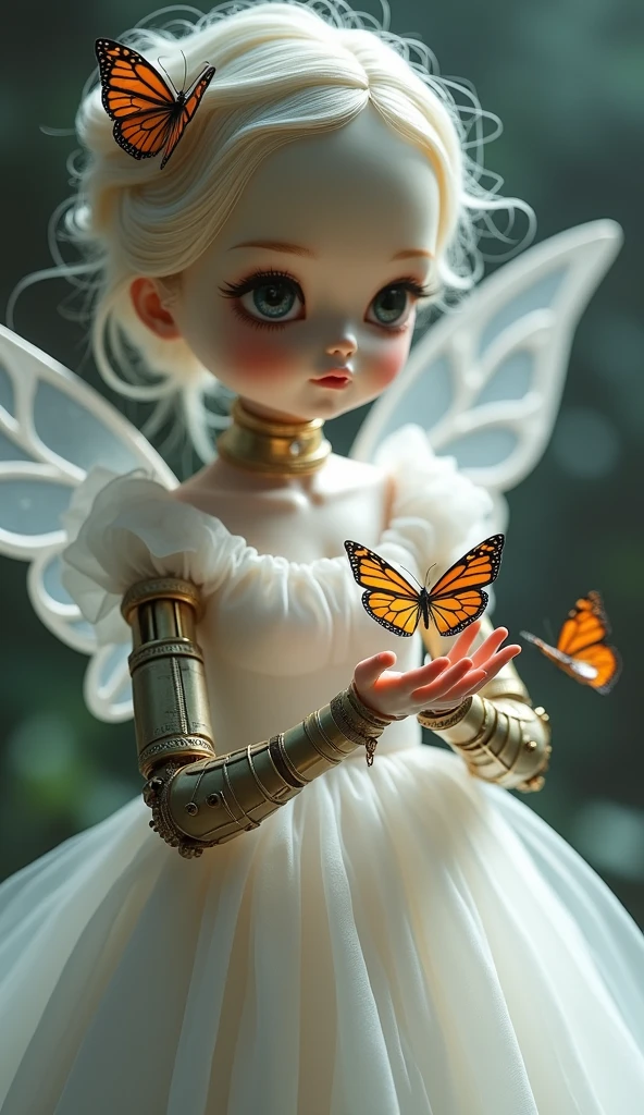 realistic porcelain doll, butterfly trick, transparent white dress, clockwork fairy, mechanical limbs, (Gabriel Pacheco&#39;s style page), DonMSt34mPXL, (Best Quality,4k,8k,High resolution,masterpiece:1.2),ultra detailed,(realist,photorealist,photo-realist:1.37),intricate details,exquisite craftsmanship,awesome lighting,vibrant colors,Dream fantasy,delicate features,Porcelain skin,fascinating eyes,elegant pose,ethereal atmosphere