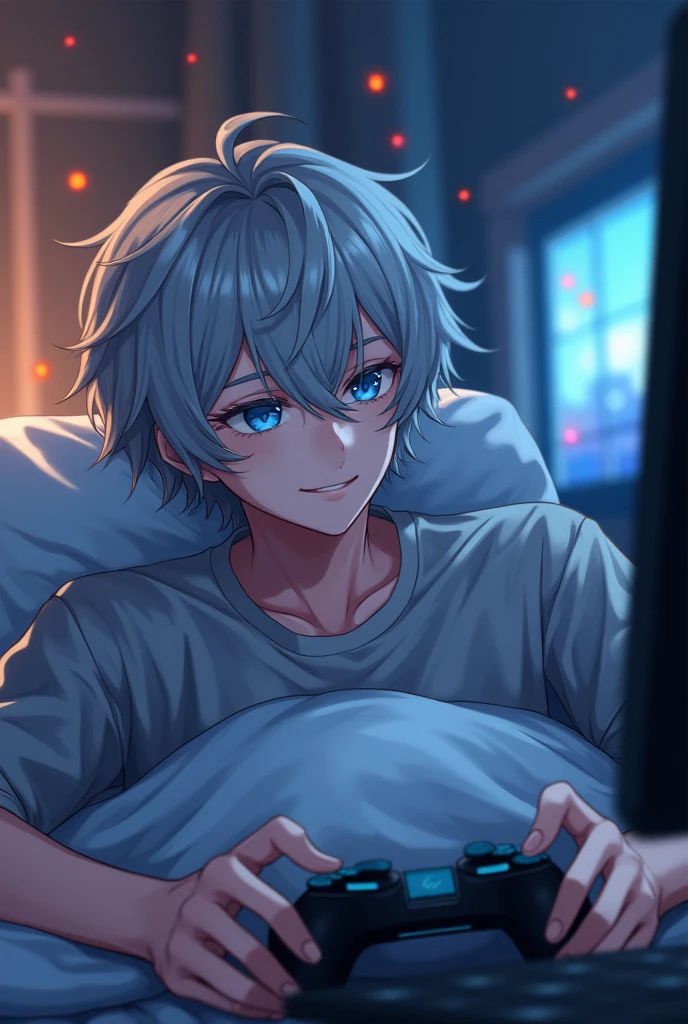 Anime boy with grey hair and blue eyes on a bed posing (angle from below)