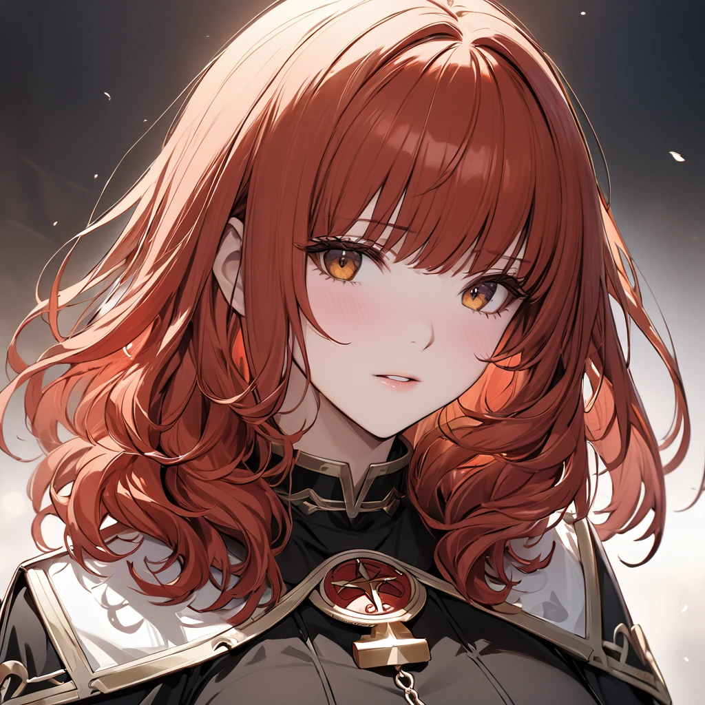 ((Highest quality)), ((masterpiece)), (detailed), （Perfect Face）The woman is Celica, has red hair and wears a black outfit.、The woman becomes a follower of the Douma cult, which worships the evil god.