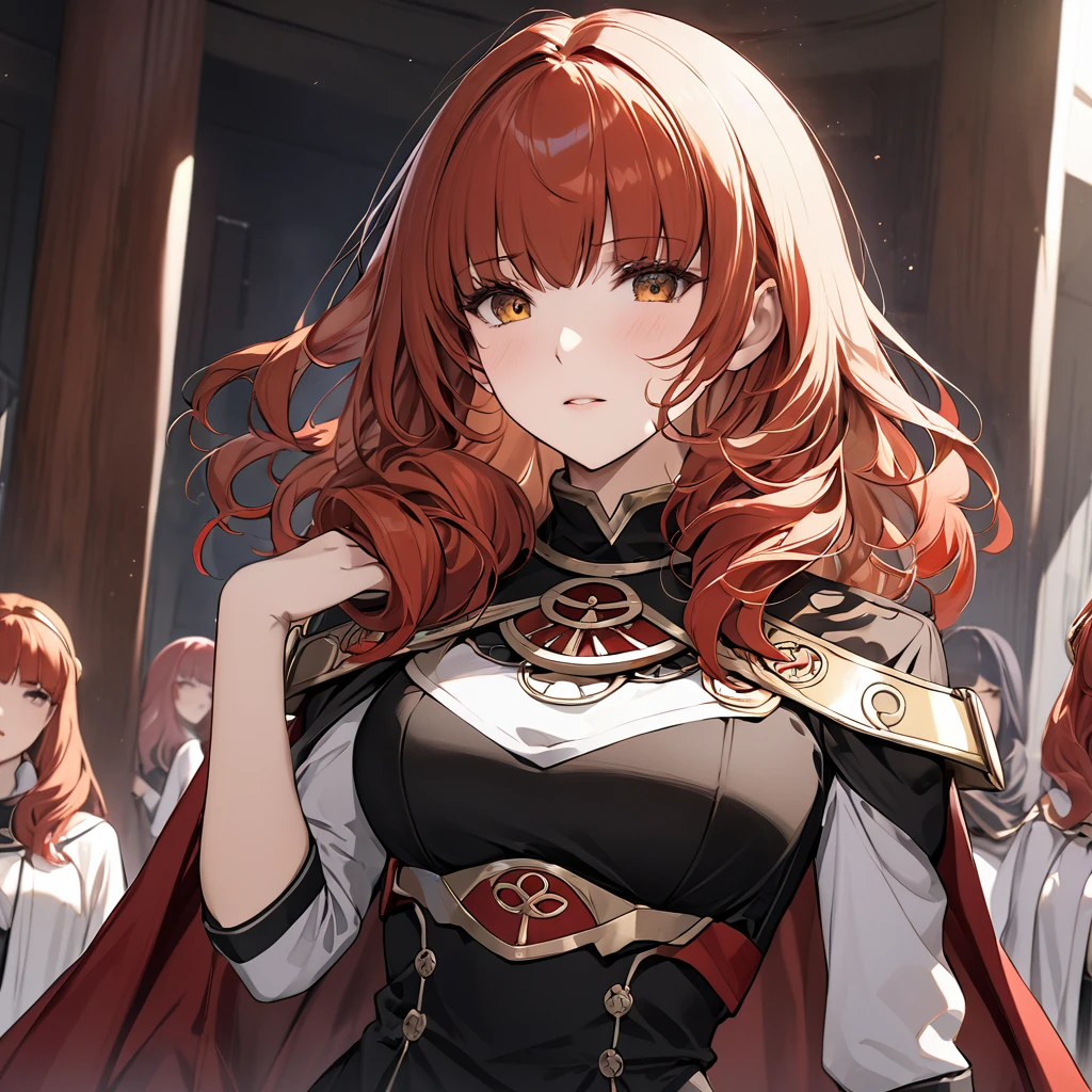 ((Highest quality)), ((masterpiece)), (detailed), （Perfect Face）The woman is Celica, has red hair and wears a black outfit.、The woman becomes a follower of the Douma cult, which worships the evil god.