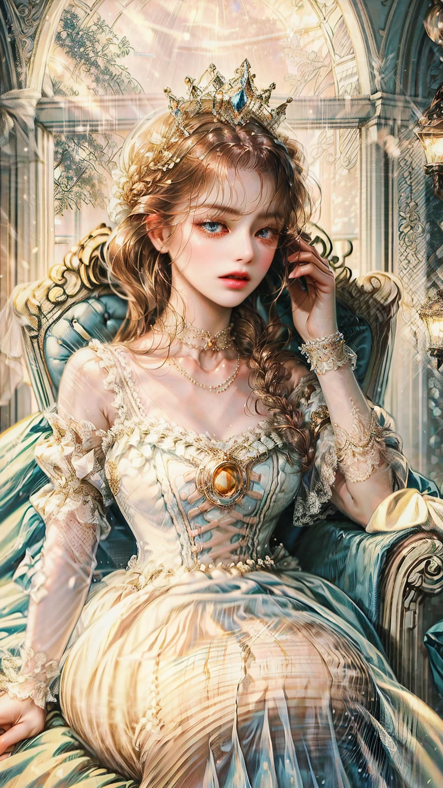 ((best quality)), ((masterpiece)), ((Romance Fantasy)), ((illustration)), (detailed), (clear), (Perfect), 1 woman, mature, pure, expressionless, Long pink braided hair, With bangs, white skin, Sapphire blue eyes, abundant eyelashes, Deep double eyelids, pretty lips, big bust, small waist, Diamond necklace, diamond tiara, White dress with lace, Sitting on a fancy chair, Sunlight coming through the window