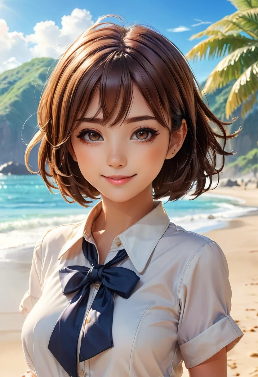 Nene Kasaki々、Shiny brown hair, short hair, (Beautiful brown eyes、Sparkling eyes, fine grain)、smile、Very fine eye、Highly detailed face, Highly detailed eyes,Cowboy Shot、


(Highly detailed illustration:1.2),Standing on the beach and the sun shining cartoon, 

Cute girl anime visuals, Beautiful Anime Girls, Smooth anime CG art, 
 Official artwork, Fascinating anime , 