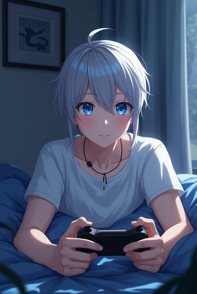 Anime boy with grey hair and blue eyes on a bed posing (angle from below)