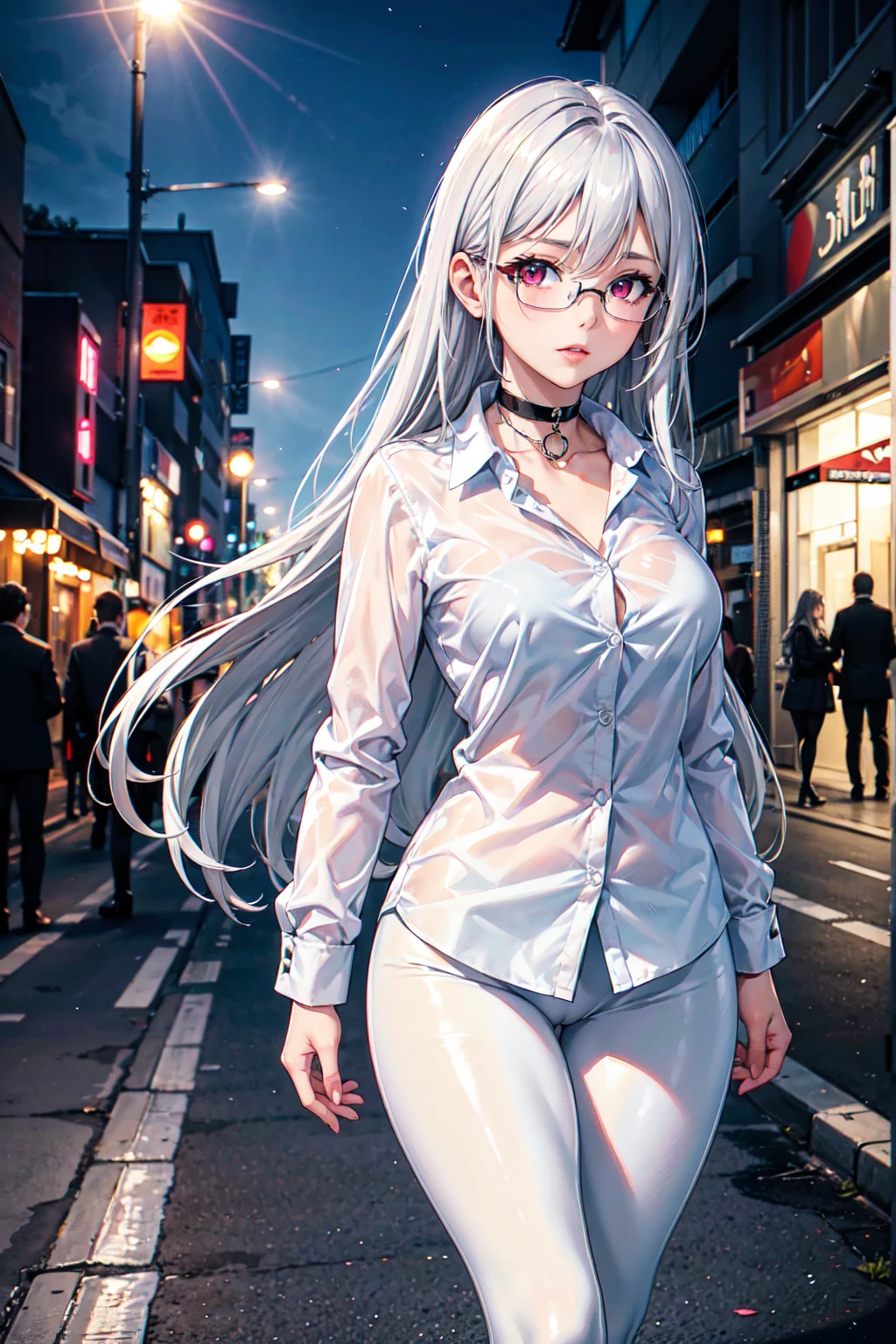 masterpiece, Superior image quality, High resolution, 4k image,Photo and gross, photorealistic, 1 young girl of 1, walking, {Alone},{{{vagina}}}, beautiful face, long silver hair, scarlet red eyes, very detailed eyes, expression of tenderness, Glasses, choker:1.6, (white collar button down shirt white long sleeve), (shiny black leggings), black boots, sensual lips , show details in the eyes, View from the front, Street, city, at night