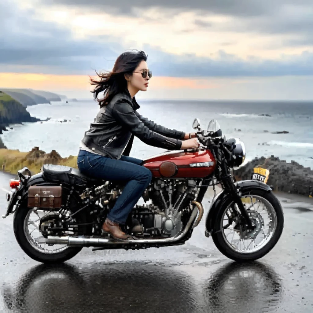 (Backlight:1.4)、(The motorcycle and rider are silhouetted in the setting sun.:1.4)、(The sun sets:1.2)、(Ride a classic motorcycle:1.2 )、(Vintage Bikes、Bluff Superior SS100)、Beautiful young Japanese woman、Beautiful Face, Black Hair, Short Bob Hair, Red classic leather jacket、sunglasses、(Accurate motorcycle shape)、(Photograph the entire motorcycle:1.2)、 BREAK Coastal road with ocean view、After the Rain、British coastal scenery、Blur the background、Artistic photography、Motion Blur、Realistic、High Contrast、(Highest quality, masterpiece, High resolution)、8k、wallpaper、