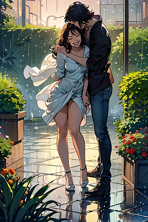 cinematic scene, full body distant view, couple kissing passionately in the rain, garden during rain, woman smiling with eyes cl...