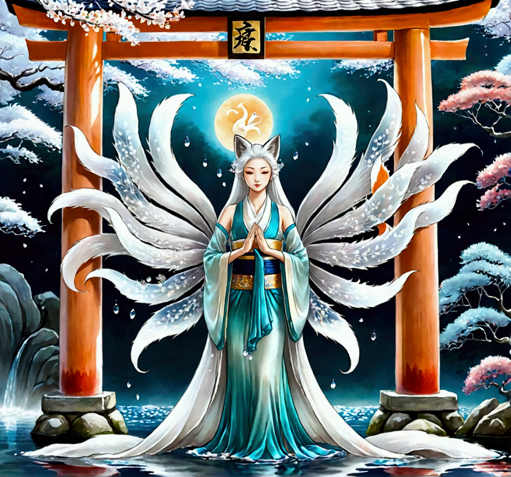 a nine-tailed fox fairy, standing in full form behind the japanese torii gate, surrounded by small foxes, and water, she has an ...