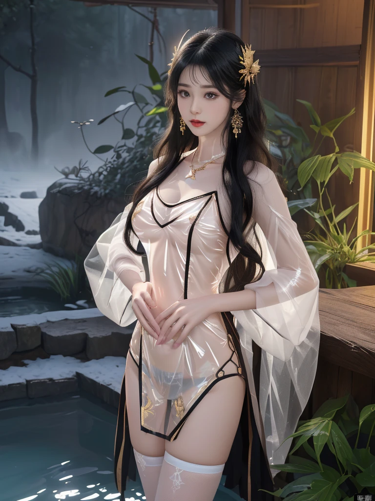 A Chinese girl with a beautiful face, Sheer tulle shirt, Transparent tulle skirt, Transparent latex underwear
(((night, Ruins overgrown with vegetation at the end of the world, pool, moonlight))), 
((8K Ultra HD, 8K, Ultra-high resolution, best quality, Super Fine, Clear focus. Masterpieces, complete pattern, Ultra HD, Detailed photos, Best image quality，Ultra-clear，Delicate facial features，Well-defined, Highly rated works)), 
((Creating the image of a real girl), Realistic shadows, Soft lighting, Dynamic Angle, Dynamic poses, Elegant Posture, Cowboy lens, Full body front view, Be confident, Facing the camera, Eyes looking towards camera lens, Standing posture, Open your legs slightly, Golden Ratio Graphics, Minimalism, Center the character), 
( Smile, Sexy的, Balanced Eyes, Realistic eyes, eyes in beautiful detail,Pretty Face, (Realistic face), Normal facial features, Realistic skin, Attention to skin details, Skin is clean and radiant, Whitening, Anatomically correct body, Golden ratio figure, Sexy的身材), 
(Perfect makeup, Gloves, earrings, bracelet, necklace, Jewelry, Hair accessories, veil, shawl, sock, Knee socks, 吊garter, Leg ring, garter, 腿部garter), 
((beautiful hair), Deep black hair, Wavy curly hairstyle, Waist-length hair, Messy Hairstyle, Gradient hairstyles, Cyberpunk hairstyle), 
((Transparent clothes: 1.5), (Revealing clothes: 1.5), (Color of clothes: red), Wearing transparent tulle clothing), 
(Sexy的, Perfect breast shape, Teardrop chest shape, Snow-white breasts, very detailed breasts, 36B cups), 
(Super high waist, Deep V, Low-cut, Sexy, Flattering, Open crotch, (Camel toe, High fork strangulation))