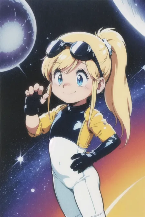 corona,a very young child,a bit,Two Girls,Blonde,Ress,retro artstyle,One Girl,Embarrassed smile,Goggles on head,ponytail,cyborg,Prosthetic arm,prosthetic limb,Wear a tight white space suit,Get on a bike,Space Station,A vast galaxy,1980s \(style\),Spread your legs