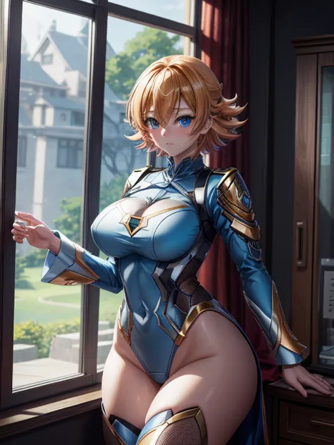 an anime girl in a blue uniform is posing in front of a window, i also make fan art, highly detailed official artwork, enchantin...