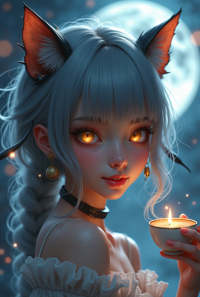 a young girl with beautiful detailed blue eyes, extremely detailed facial features, animal-like horns and cat ears, wearing a hooded cloak, mischievous slight smile, high resolution, anatomically correct, extremely detailed, highly realistic digital illustration, intricate details, smooth skin texture, braided grey hair, earrings, glowing ethereal atmosphere, night scene, moonlit tea party background, holding cup with both hands, cake, cookies, greenery, flowers、首を傾げる、小さく笑う、幸せそうな
