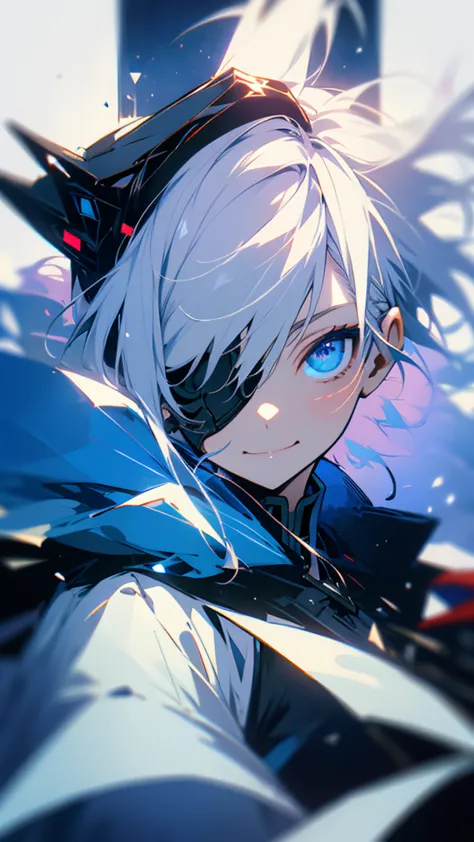 a woman with short white hair and a braid,wear an eye patch. ,blue eyes,cute, smile, cute,coat,middle bust