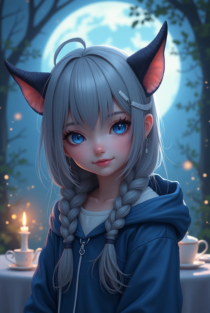 a young girl with beautiful detailed blue eyes, extremely detailed facial features, animal-like horns and cat ears, wearing a hooded cloak, mischievous slight smile, high resolution, anatomically correct, extremely detailed, highly realistic digital illustration, intricate details, smooth skin texture, braided grey hair, earrings, glowing ethereal atmosphere, night scene, moonlit tea party background, holding cup with both hands, cake, cookies, greenery, flowers、首を傾げる、小さく笑う、幸せそうな
