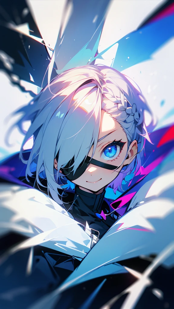 A woman with short white hair and a braid,Wear an eye patch. ,blue eyes,Cute, smile, cute,coat,middle bust,Take the whole body