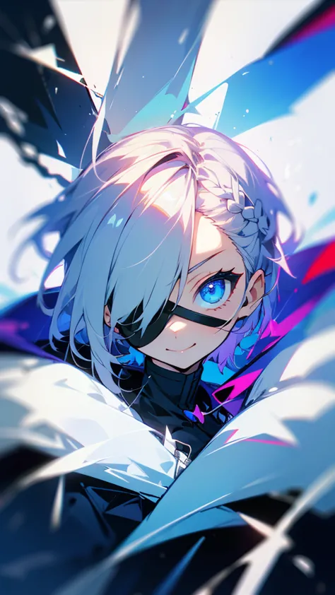 a woman with short white hair and a braid,wear an eye patch. ,blue eyes,cute, smile, cute,coat,middle bust,take the whole body