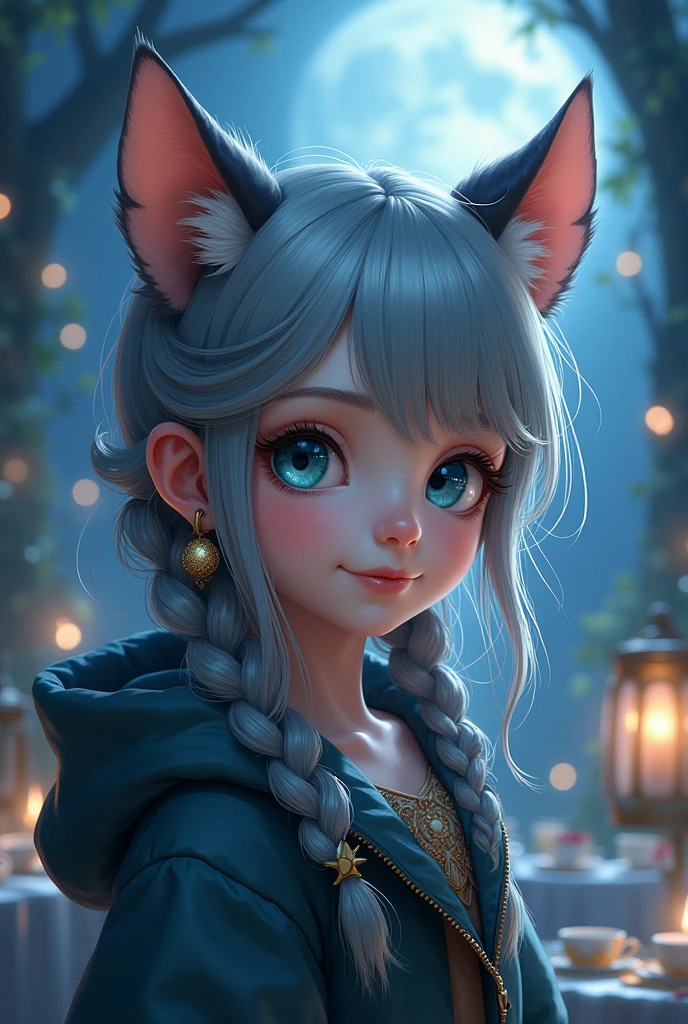 a young girl with beautiful detailed blue eyes, extremely detailed facial features, animal-like horns and cat ears, wearing a hooded cloak, mischievous slight smile, high resolution, anatomically correct, extremely detailed, highly realistic digital illustration, intricate details, smooth skin texture, braided grey hair, earrings, glowing ethereal atmosphere, night scene, moonlit tea party background, holding cup with both hands, cake, cookies, greenery, flowers、首を傾げる、小さく笑う、幸せそうな
