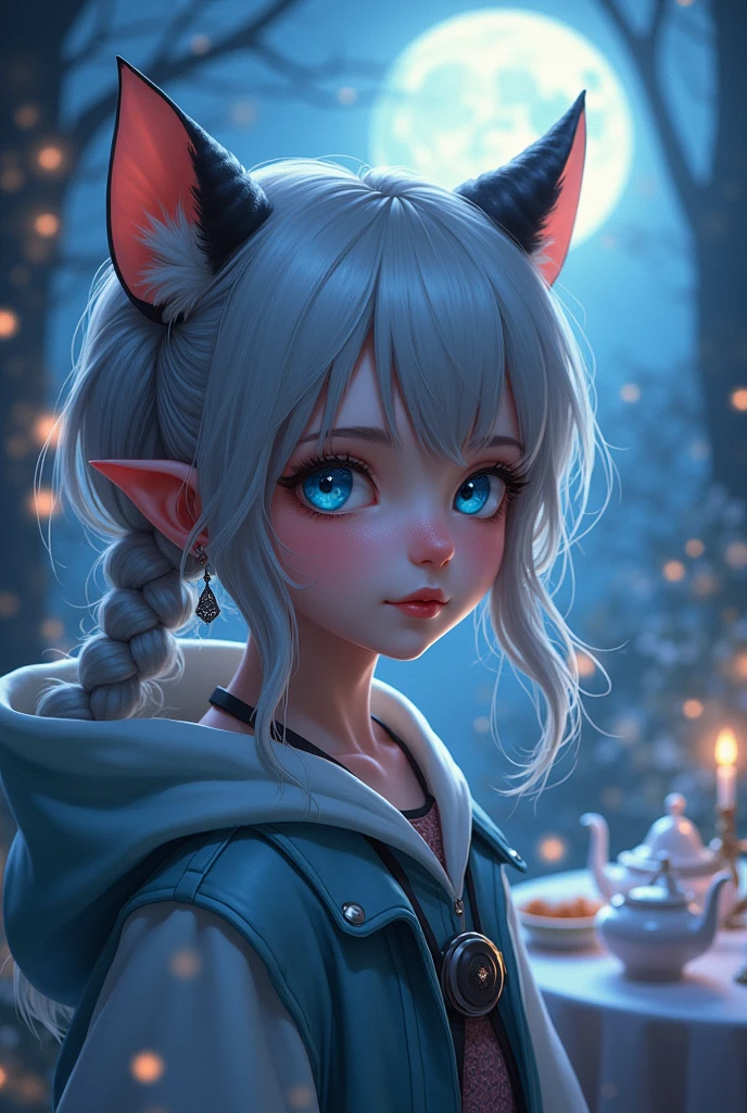 a young girl with beautiful detailed blue eyes, extremely detailed facial features, animal-like horns and cat ears, wearing a hooded cloak, mischievous slight smile, high resolution, anatomically correct, extremely detailed, highly realistic digital illustration, intricate details, smooth skin texture, braided grey hair, earrings, glowing ethereal atmosphere, night scene, moonlit tea party background, holding cup with both hands, cake, cookies, greenery, flowers、首を傾げる、小さく笑う、幸せそうな
