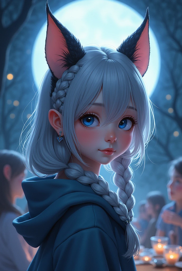 a young girl with beautiful detailed blue eyes, extremely detailed facial features, animal-like horns and cat ears, wearing a hooded cloak, mischievous slight smile, high resolution, anatomically correct, extremely detailed, highly realistic digital illustration, intricate details, smooth skin texture, braided grey hair, earrings, glowing ethereal atmosphere, night scene, moonlit tea party background, holding cup with both hands, cake, cookies, greenery, flowers、首を傾げる、小さく笑う、幸せそうな
