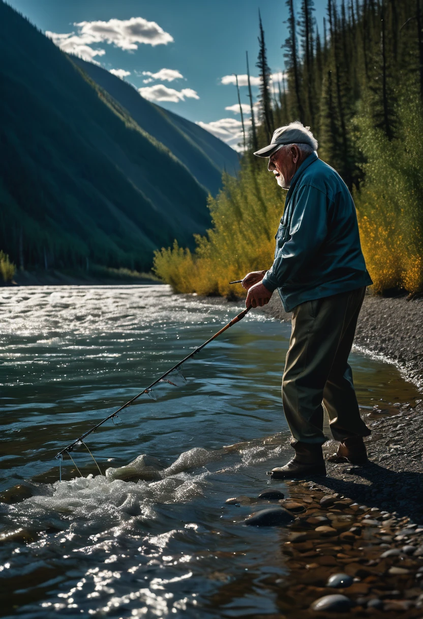 a large elderly man fishing a giant salmon in the yukon river, canada, surreal impressionist oil painting, vivid shadows, dramatic, (best quality,4k,8k,highres,masterpiece:1.2),ultra-detailed,(realistic,photorealistic,photo-realistic:1.37),hyper detailed, dramatic chiaroscuro, moody color palette, dynamic composition, powerful lighting, awe-inspiring, breathtaking, cinematic