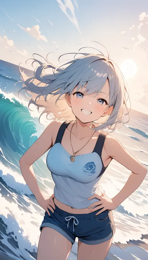 vector art、Backlight、Summer sky、cumulonimbus、Place your hands on your hips、Smug face、Waves crashing against the breakwater、The waves splash and the water shines beautifully.