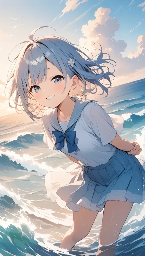 vector art、Backlight、Summer sky、cumulonimbus、Girl standing on breakwater、He has his hands behind his back and is leaning forward, looking at me.、Smug face、cheek、Waves crashing against the breakwater、The waves splash and the water shines beautifully.