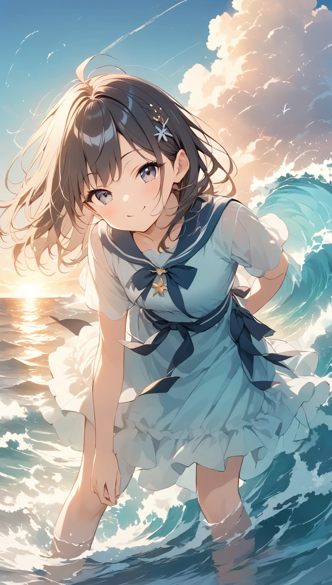 vector art、spirit of the wind、Backlight、Bright in backlight、Summer sky、cumulonimbus、Girl standing on breakwater、He has his hands behind his back and is leaning forward, looking at me.、Smug face、cheek、Waves crashing against the breakwater、The waves splash and the water shines beautifully.